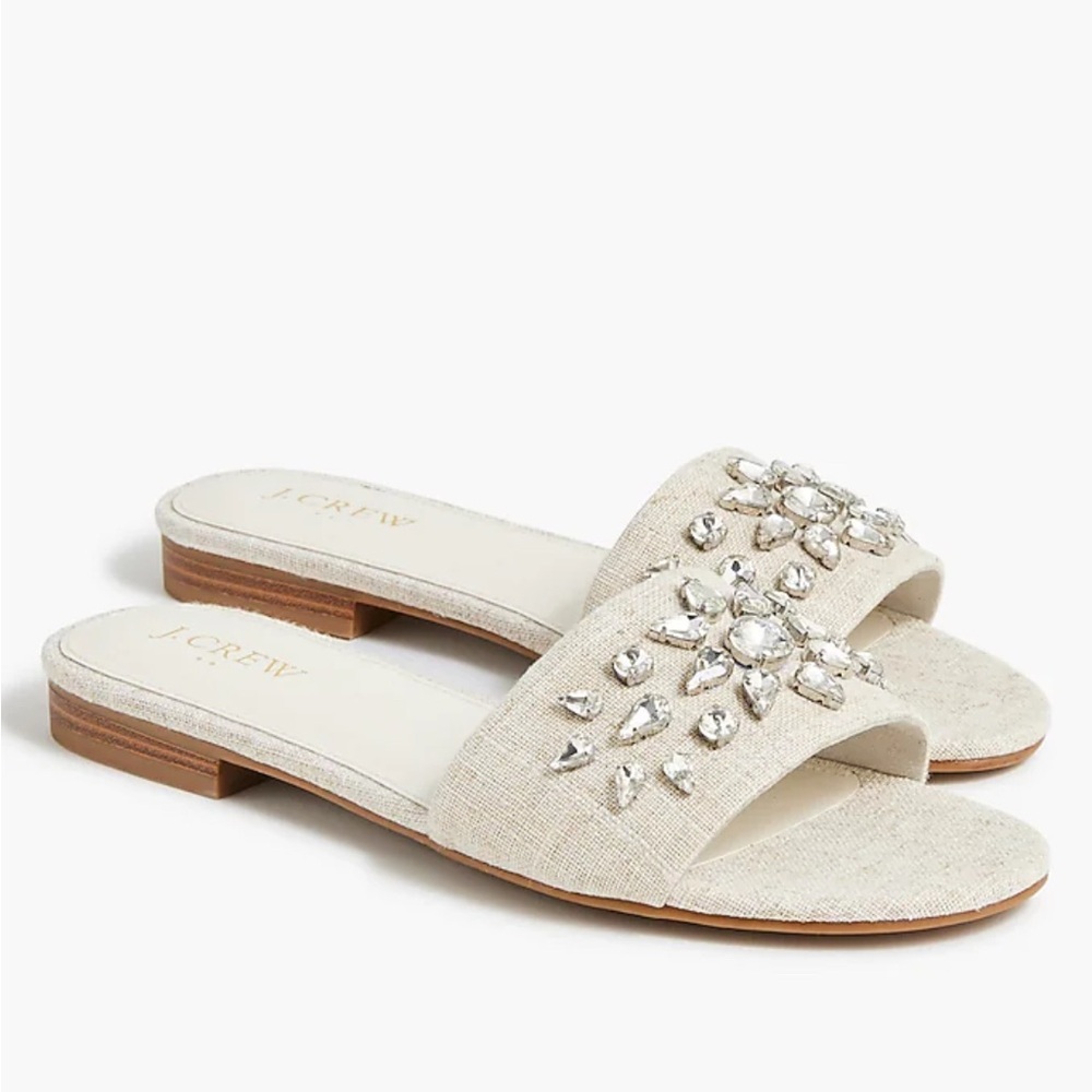 J. Crew Women's Cream Embellished Slide Sandals Size 7 Rhinestone Slip On Flats
